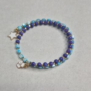 Blue & Purple Beaded Stretch Bracelet with Gold Accents